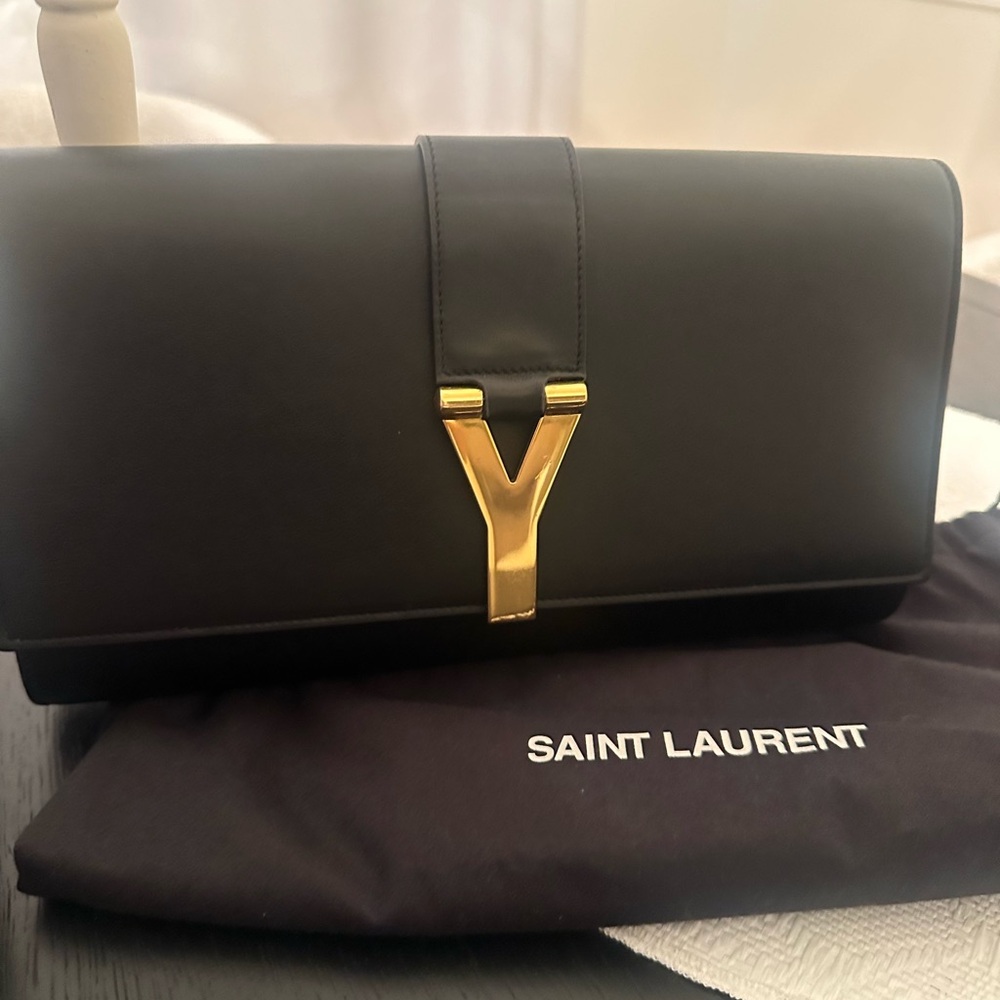 Saint Laurent Black Clutch with Gold Y Detail